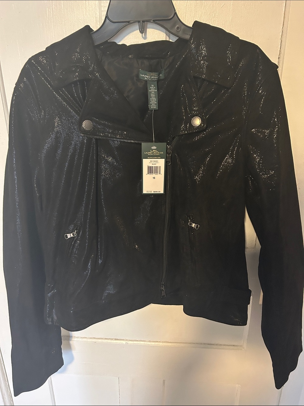 Lauren Ralph Lauren Black Shimmery Faux-Suede Moto Jacket- NEW WITH TAGS